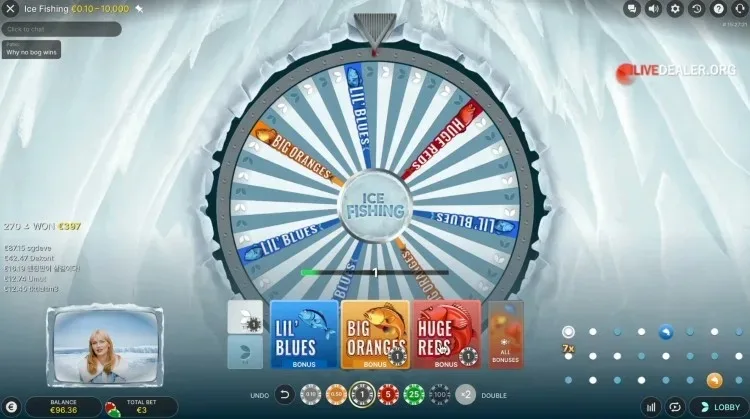 Ice Fishing canlı oyun ekranı: çark, bahis paneli ve bonus bölmeleri