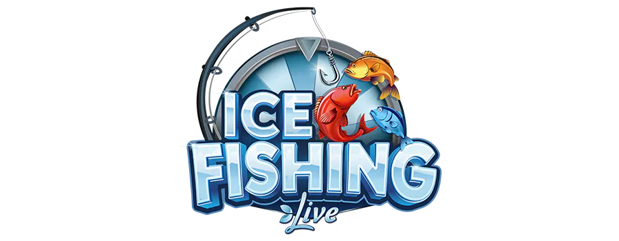 Ice Fishing Live logosu: olta, kanca ve üç renkli bonus balığı
