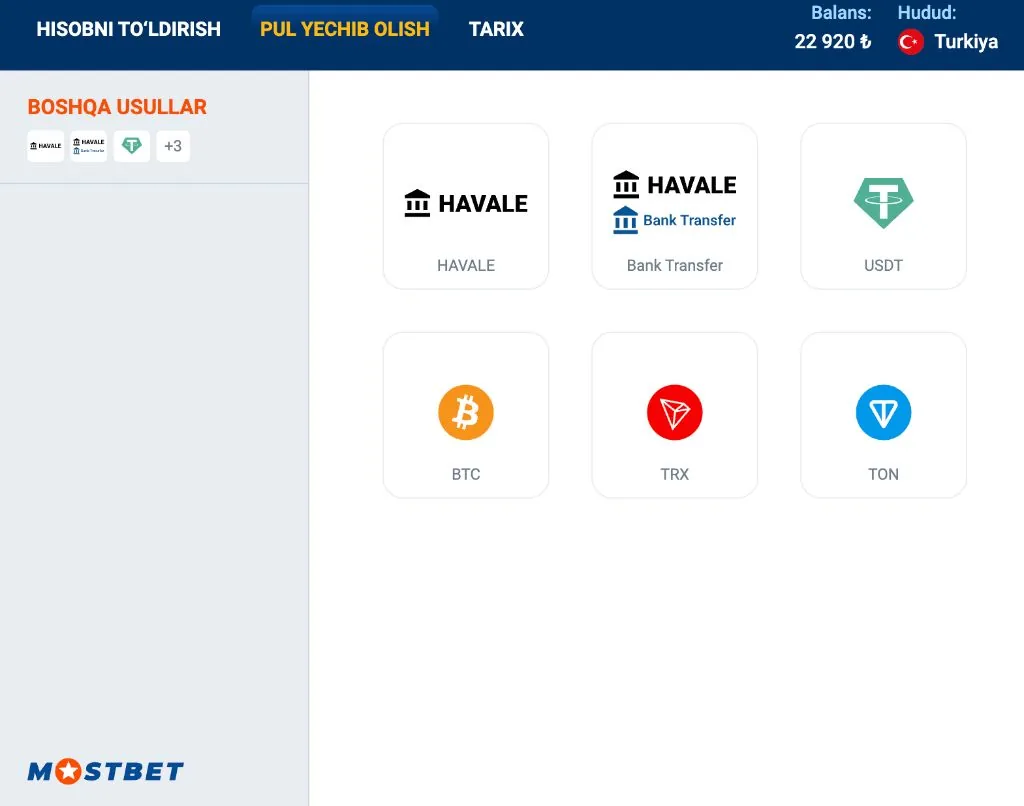 Mostbet para çekme ekranı, BTC TRX TON ve USDT kripto seçenekleri