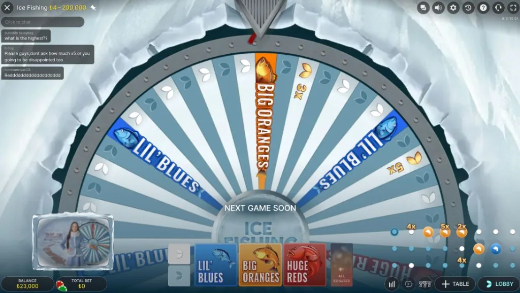 Ice Fishing çark dönüş anı, Big Oranges ve Lil Blues bölmeleri