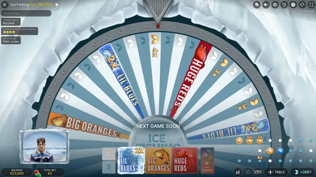 Ice Fishing oyununda bonus bildirimi ve canlı sunucu kabini