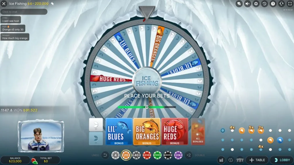 Ice Fishing çark oyunu canlı ekran görüntüsü, bahis aşaması